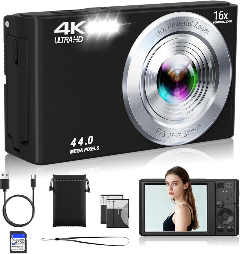 ceye Digital Camera, FHD 4K Compact Cameras with 64GB SD Card 2 Batteries, Portable Travel Digital Camera with 16X Autofocus Digital Zoom Small Camera for Teens Kids Boys Girls - Image 1
